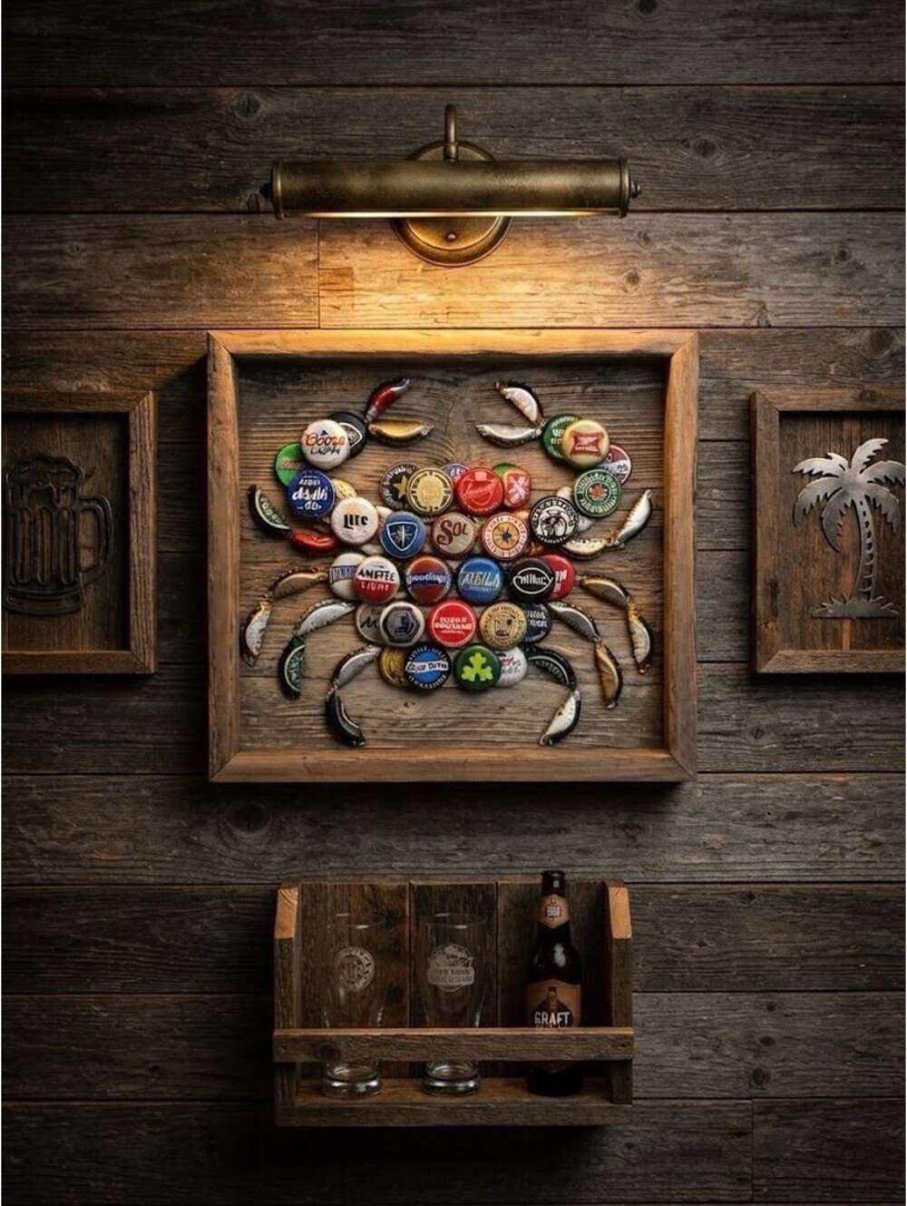 Beer Bottle Cap Wall Art - CRAB on reclaimed wood - Handmade Framed Artwork A1-2